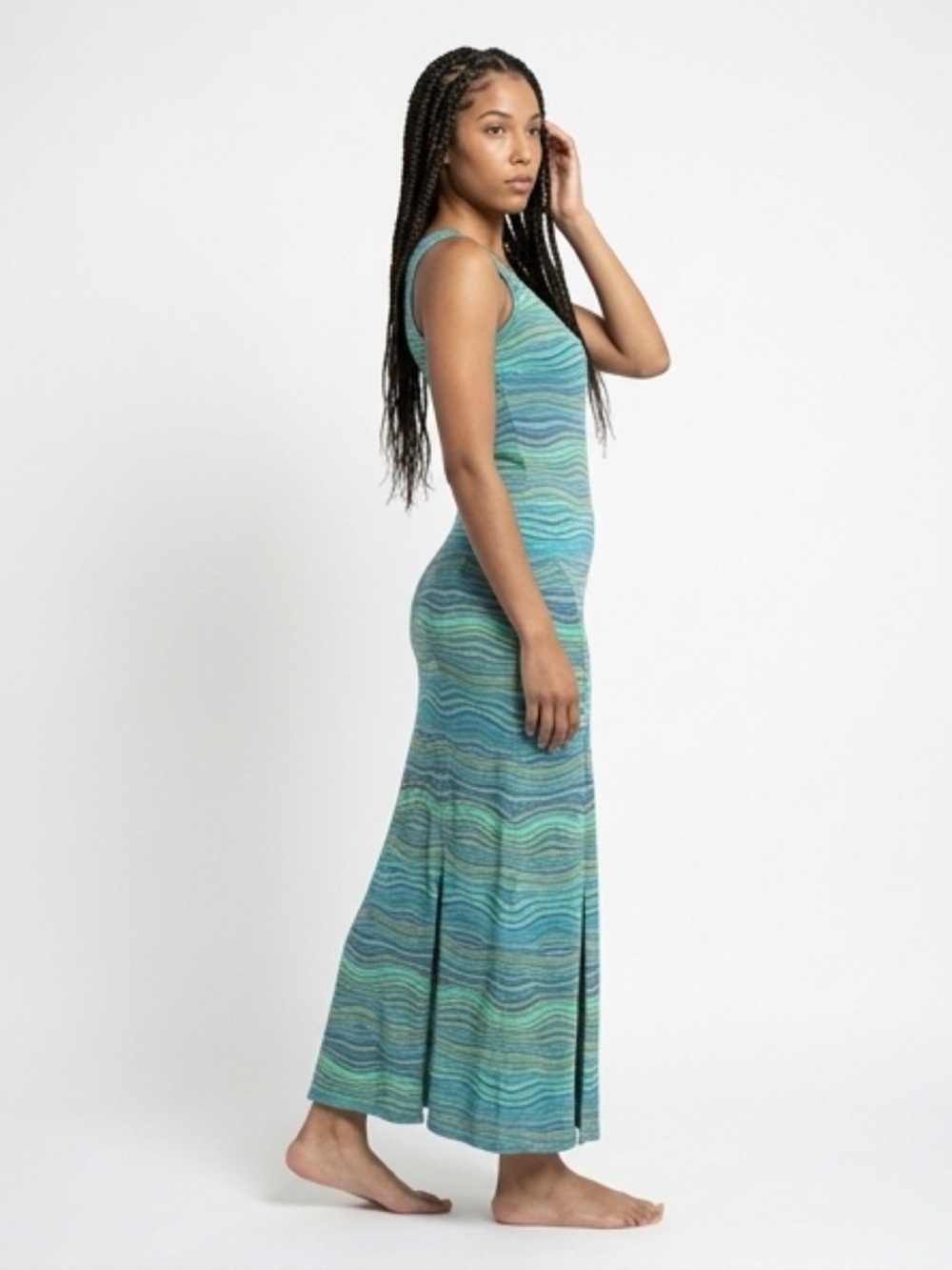 Bebe Wave Print Bodycon Maxi 64” Dress Blue Green Sleeveless Stretch XS Y2K Club